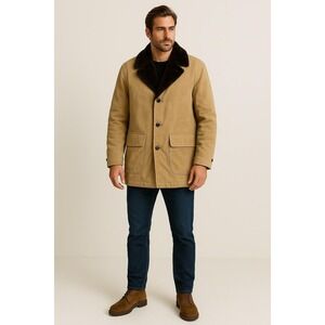 Vintage Sears The Mens Store Corduroy Long Jacket Mens 42R Tan Faux Fur Collar